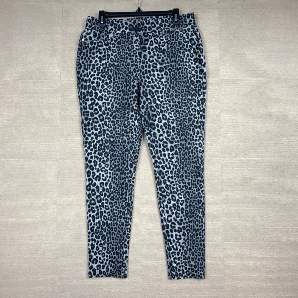 Michael Kors Women Grey Black Leopard Print Stretch Pull On Leggings Size L